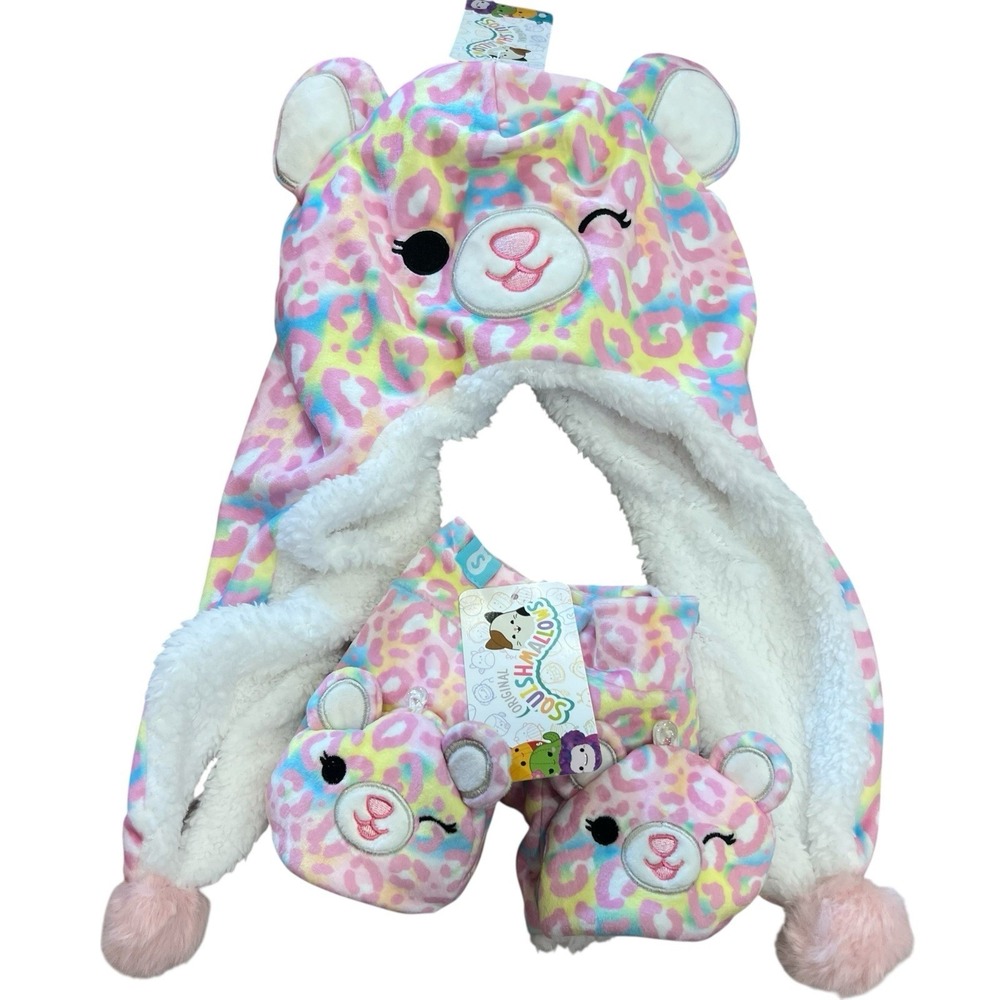 Squishmallows Michaela Hat Gloves Set‎ Ears Pom Pom Pink Leopard Winter Cap NWT